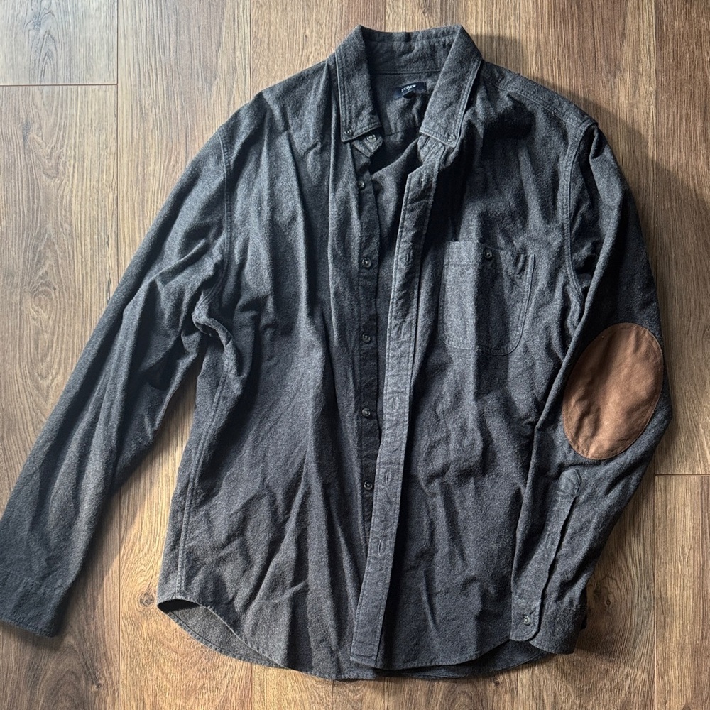 J Crew Gray Button-Up Shirt with Brown Elbow Patches